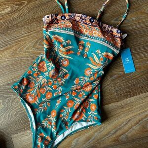 Cupshe Teal and Orange Floral Swimsuit NWT